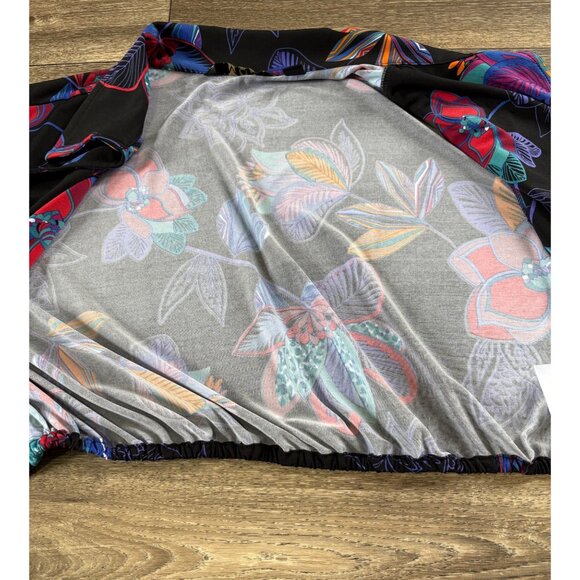 IMAN CASUAL BLACK FLORAL TIE FRONT CROPPED TOP LONG SLEEVE COLLARED WOMENS XLP - Picture 7 of 9